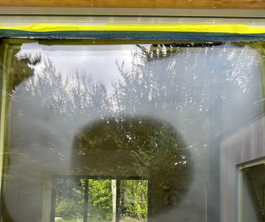 Rude i sommerhus i Hundested: det polerede felt er klart, resten af ruden er matteret og skal poleres